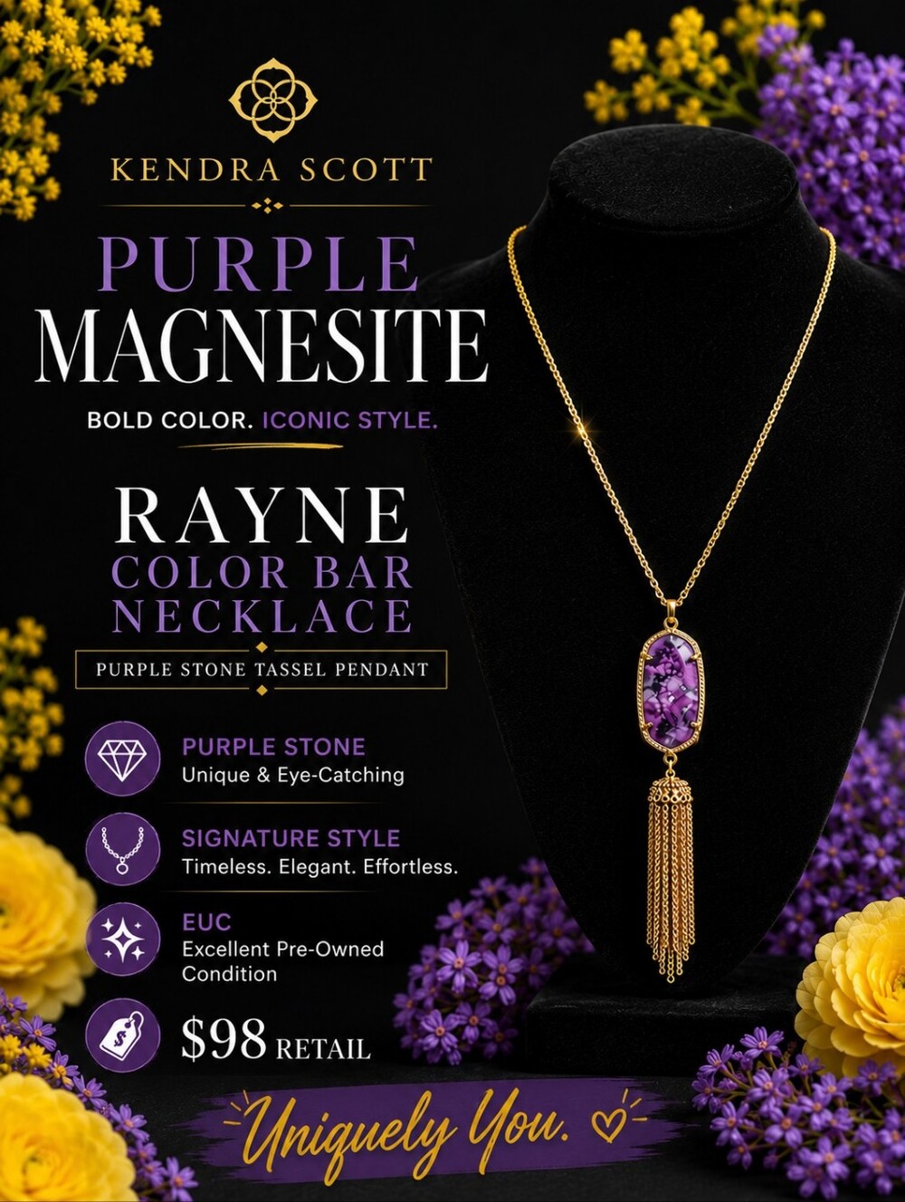 Kendra Scott Rayne Color Bar Necklace | Purple Stone Tassel Pendant | EUC | $98